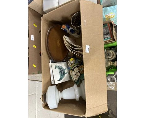 A box of mixed items to include oil lamp base, tiles, Staffordshire cottage and other items