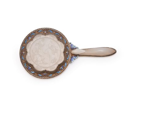 A Chinese gilt silver filigree and enamelled mirror, 20th century, the centre inset with carved white jade plaque and the han