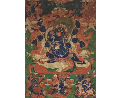 A Thang-ka depicting the Dharmapala Mahakala, Tibet, circa 18th century, the six-armed tantric deity holding karttrka and kap