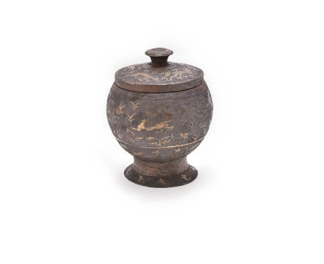 A Chinese silver-gilt jar and cover, probably Tang Dynasty (618-907), the globular body finely engraved with various birds an