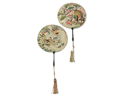 A Chinese pair of Souchao embroidered double sided fans, Late Qing Dynasty, circa 1880, used by the court ladies to show mode