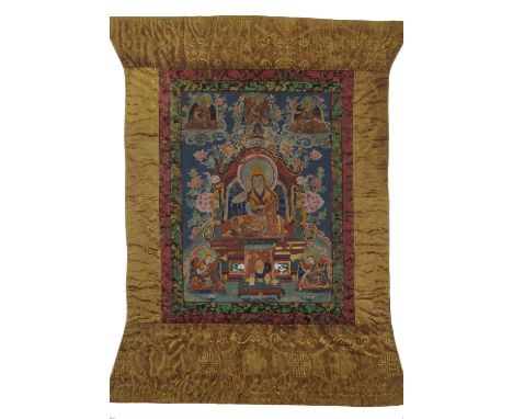 A Tibetan Thangka of Tsong Ka Pa, Qing Dynasty, 19th century, seated on a rectangular base with legs crossed in dhyanasana, o
