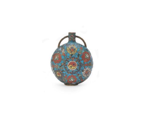 A small cloisonné enamel moon flask, 16th century, Ming Dynasty, of flattened circular form, the gently rounded sides rising 