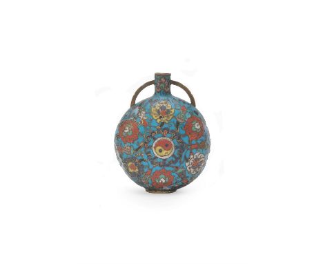 A small cloisonné enamel moon flask, 16th century, Ming Dynasty, of flattened circular form, the gently rounded sides rising 