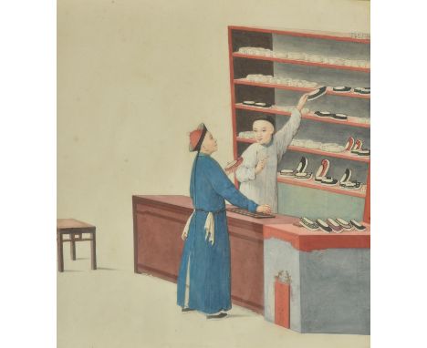 Chinese School, 19th century, a good set of eighteen watercolours, of various trades including a shoe shop, shoe maker, itine