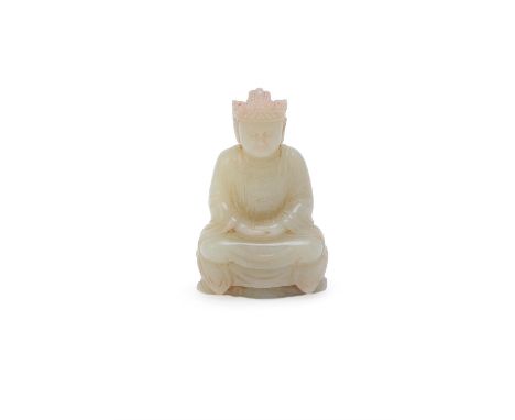 A celadon jade seated figure of Buddha, shown seated in dhyanasana with hands in dhyanamudra, dressed in long, flowing robes 