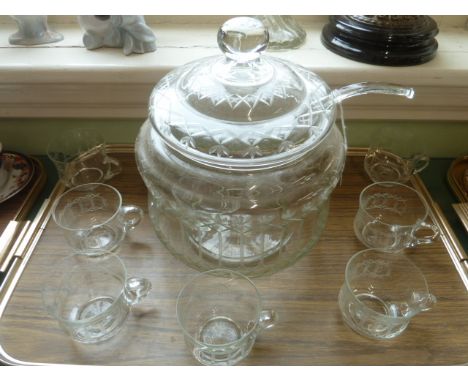 Early 20thC cut glass punch bowl with cover, ladle and cups 