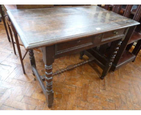 19thC oak bobbin stretcher side table with single drawer