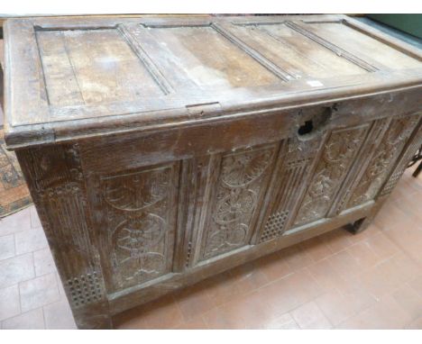 18thC Oak carved panel coffer 