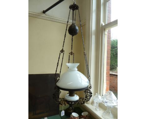 19thC Cast iron rise and fall ceiling oil lamp