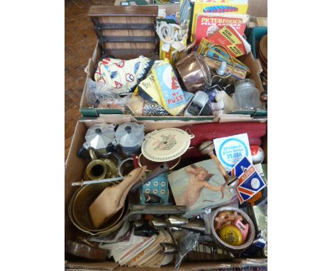 2 Boxes treen, metalware, vintage children's books, toy mangle 