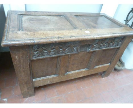 18thC Oak carved panel coffer 