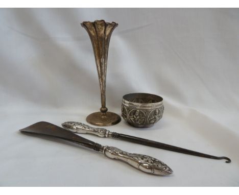 Silver trumpet stem vase, silver handled button hook and shoe horn, Indian silver cup (4)