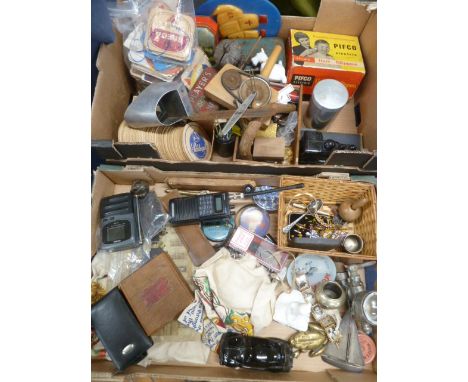 2 Boxes - sundry novelty items, Avon perfume bottles, beer mats, money box, vintage tins etc 