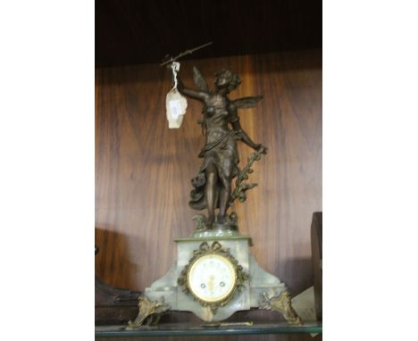 A MARBLE BASE, SPELTER FIGURE TOP MANTEL CLOCK WITH INSCRIPTION "FEE AUX FLEURS" WITH PENDULUM AND KEYCondition Report:A MINO