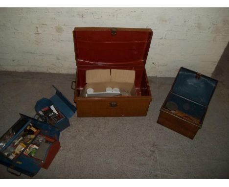 TWO METAL TRAVEL TRUNKS AND TWO TOOL BOXES WITH CONTENTS