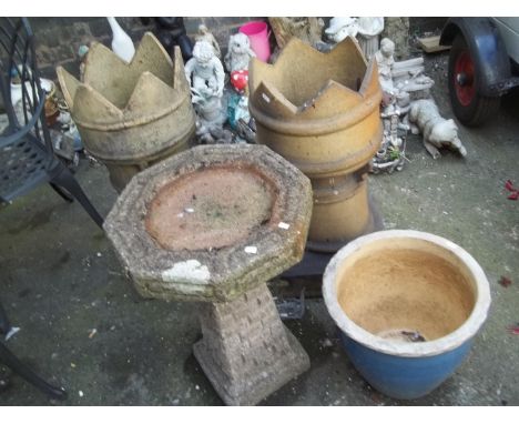 TWO CHIMNEY POTS TOGETHER WITH A BIRD BATH AND A CERAMIC PLANTER