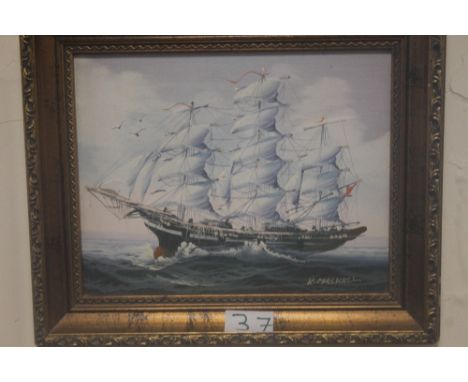 AN OIL ON CANVAS OF A CLIPPER IN FULL SAIL, IN GILT FRAME SIGNED K. MASKELL 