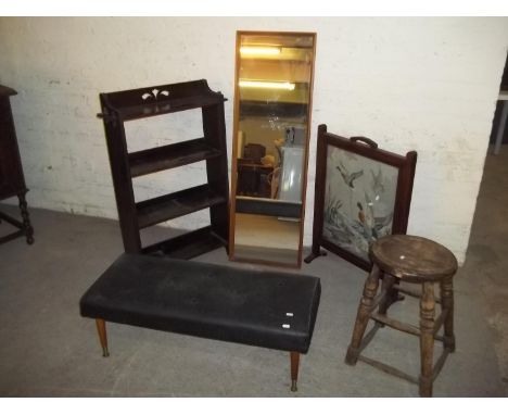 FIVE ITEMS TO INCLUDE AN ANTIQUE STOOL, A RETRO FOOT STOOL, A WALL MIRROR, A BOOKCASE AND A FIRESCREEN  (5)