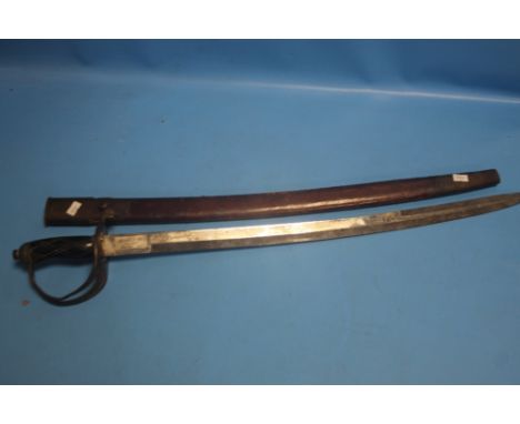 AN UNUSUAL WILLIAM IV SWORD WITH KIRPAN AMRITSAR BLADE IN ORIGINAL BRASS MOUNTED LEATHER SCABBARD, L 80 CM