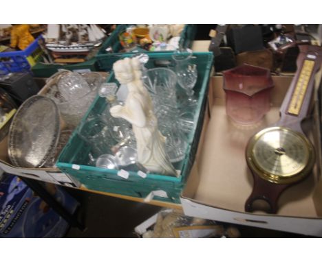 TWO TRAYS OF ASSORTED GLASSWARE TOGETHER WITH A BAROMETER (TRAYS NOT INCLUDED)