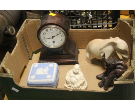 A MANTEL CLOCK, TWO CARVED ELEPHANTS ETC.