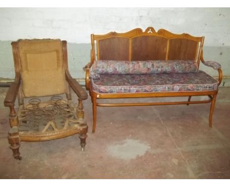 A WOODEN 3 SEATER SOFA AND A CHAIR A/F