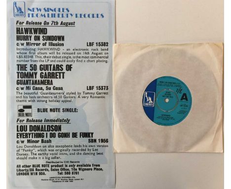 HAWKWIND - HURRY ON SUNDOWN 7" (ORIGINAL UK DEMO - LIBERTY LBF 15382 - WITH PROMO FLYER). The completely wicked debut cut fro