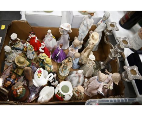 Box of figurines including the Leonardo Collection, decorative plates and candlestick 