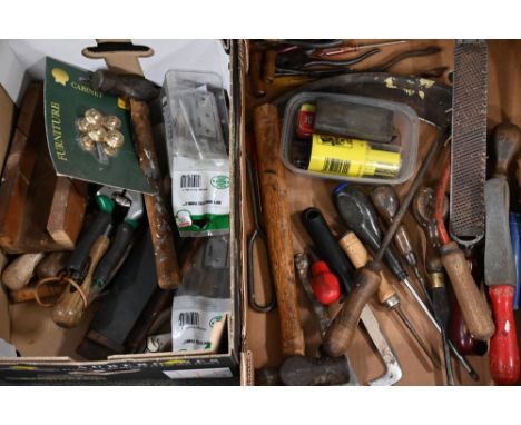 Two boxes of tools, files, screwdrivers, gardening tools etc
