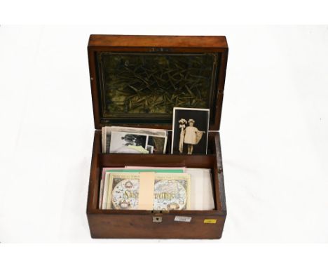 Burrwood writing box containing vintage photographs, cards and ephemera 