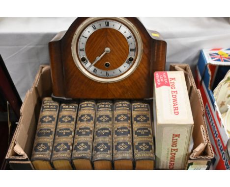 Wooden mantle clock, empty box of King Edward cigars and six volumes of Practical Knowledge for All