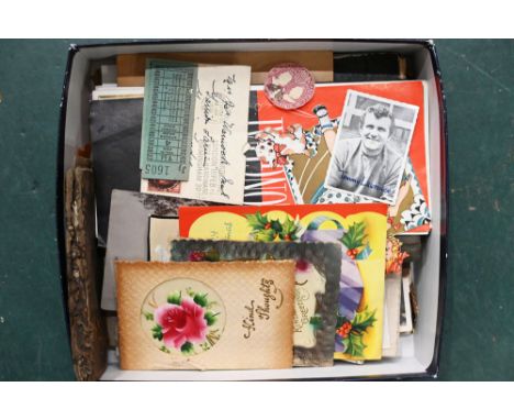Box of postcards, vintage bus tickets, notebooks etc