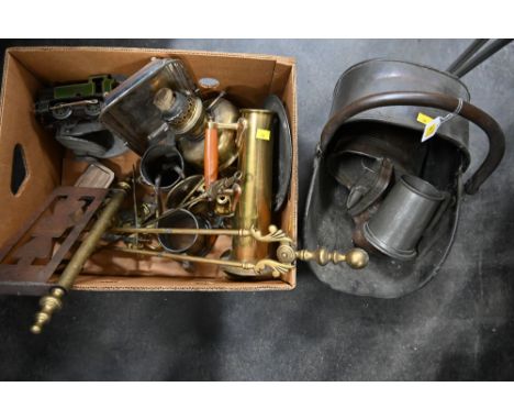 Coal helmet, box of tankard, brass fireside accessories, tinplate train, brass oil lamp parts etc 