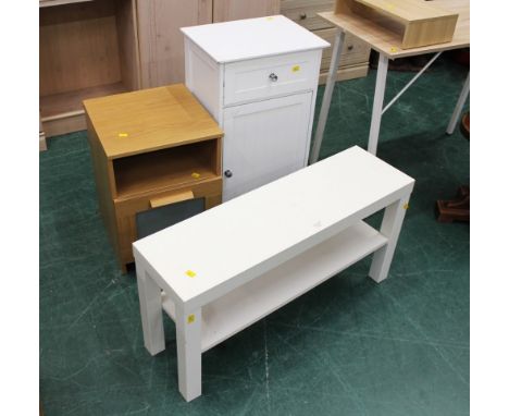 Oak effect bedside cupboard, white cupboard and white hall bench