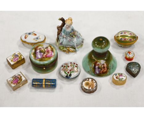 Enamel pill dishes, Limoges, and porcelain continental figure 