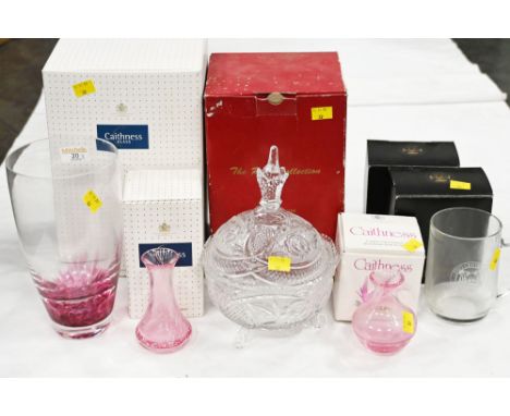 Boxed Caithness glass vase, two boxed Caithness bud vases, Esso Centenary glass mugs etc 