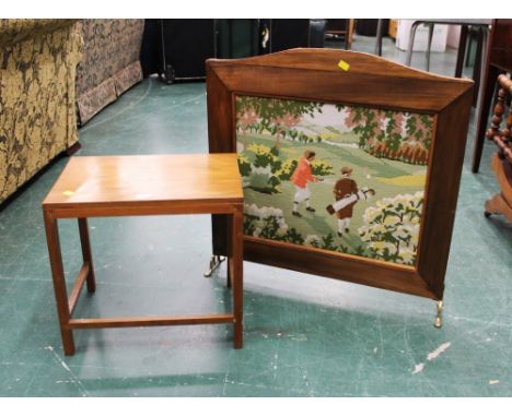 Occasional table and fire screen with tapestry front depicting golfers  