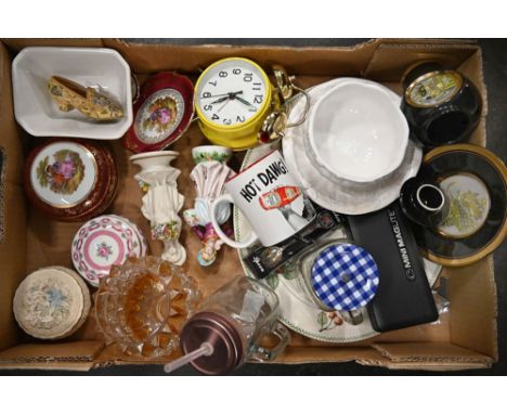 Box of ornaments, Limoges trinket pots, alarm clock etc