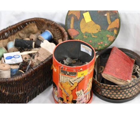 Vintage sewing equipment, basket of threads, three tins of buttons and knickknacks
