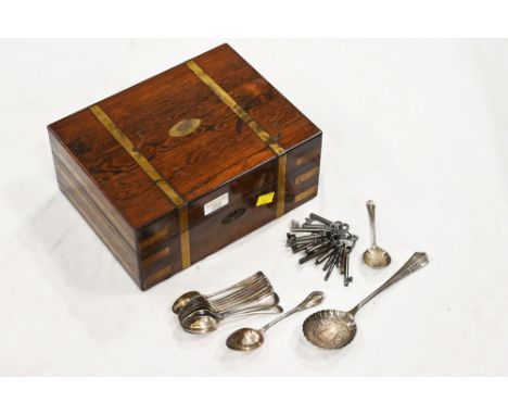 Brass bound writing box containing cutlery and vintage keys 