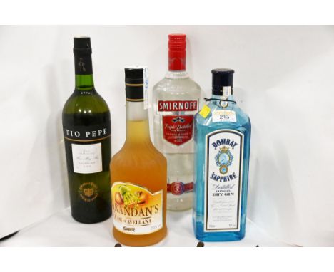 Four bottles of alcohol including Bombay Sapphire gin, Smirnoff vodka and Tio Pepe sherry 