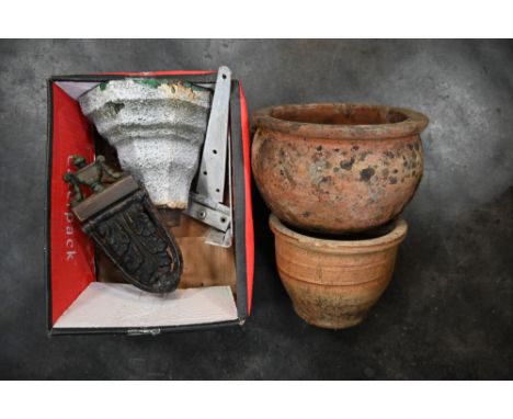 Cast iron gutter downpipe, door knocker and two terracotta plant pots 