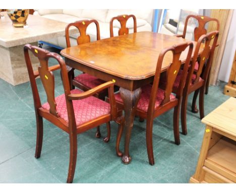 Vintage burr walnut extending dining table with leaf and six chairs 