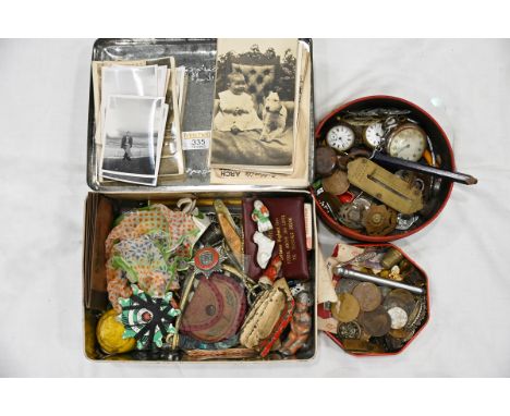 Three tins of pocket watches, scales, coins, enamelled badges, vintage photographs, etc 