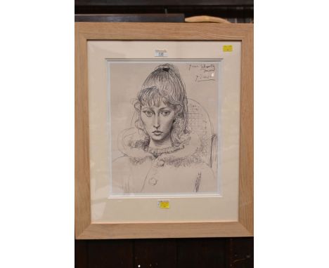 After Pablo Picasso, portrait of Sylvette, giclee print, bears studio signature, sold with certificate of endorsement.  38 x 