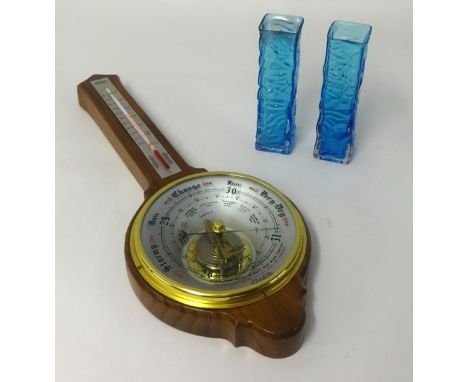 Two Whitefriars blue glass small vases and a modern barometer.