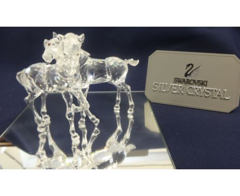 Swarovski Crystal Glass Pair of Playing Horses and Mirror Stand.