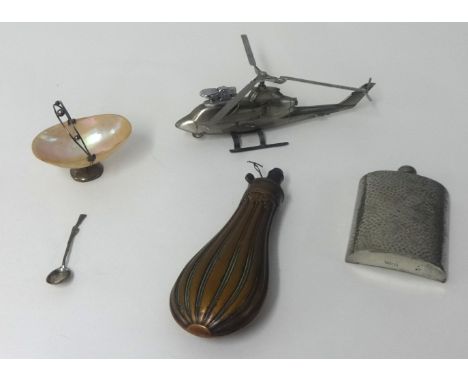 A 19th century copper powder flaks, novelty helicopter table lighter, hammered pewter hip flasks, a silver and mother of pear