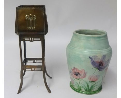 An E.Radford pottery vase and an Arts & Crafts style brass small planter on stand